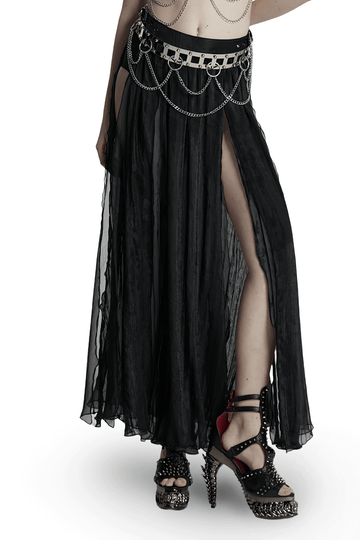 Elegant Gothic Chiffon Skirt with Pleated and Lace Accents